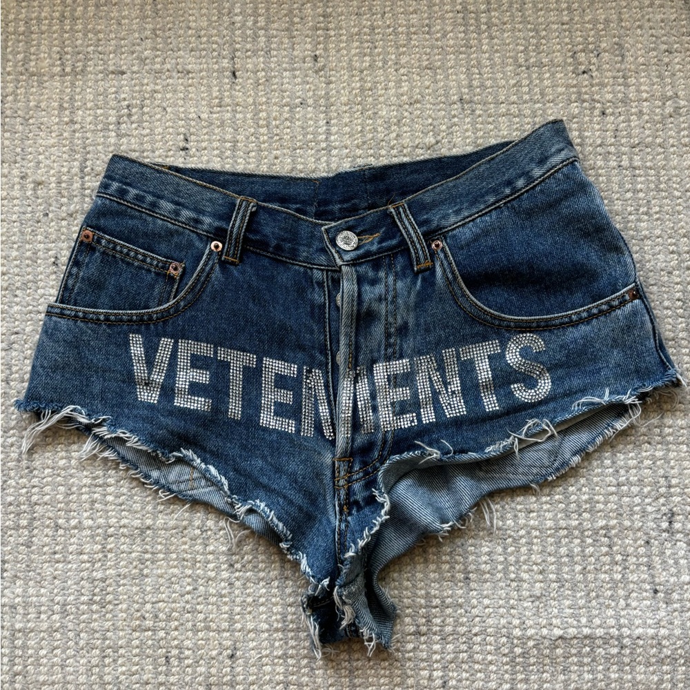 Vetements Blue Denim Crystal Logo Hot mini micro Shorts M